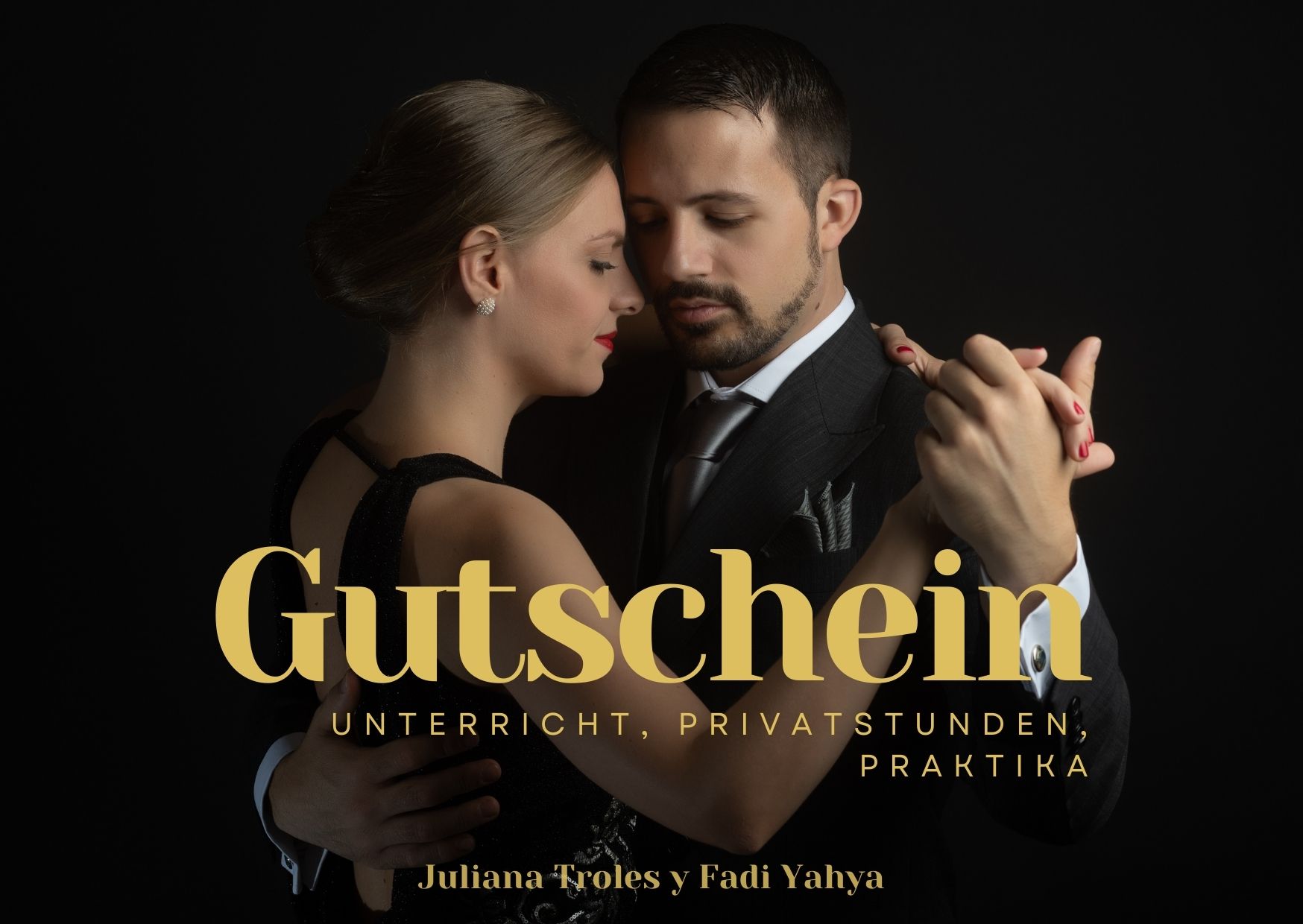 Gutschein-Vorschau mit Juliana und Fadi in enger Umarmung, gültig für Unterricht, Privatstunden und Práctica